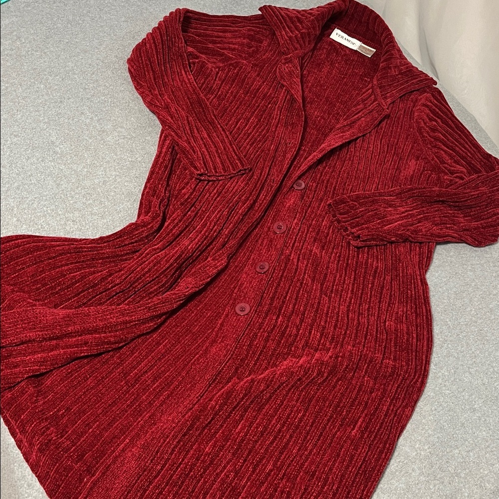 Red Duster Cardigan Sweater Medium Chenille Button Christmas Holiday Lounge - Picture 9 of 9